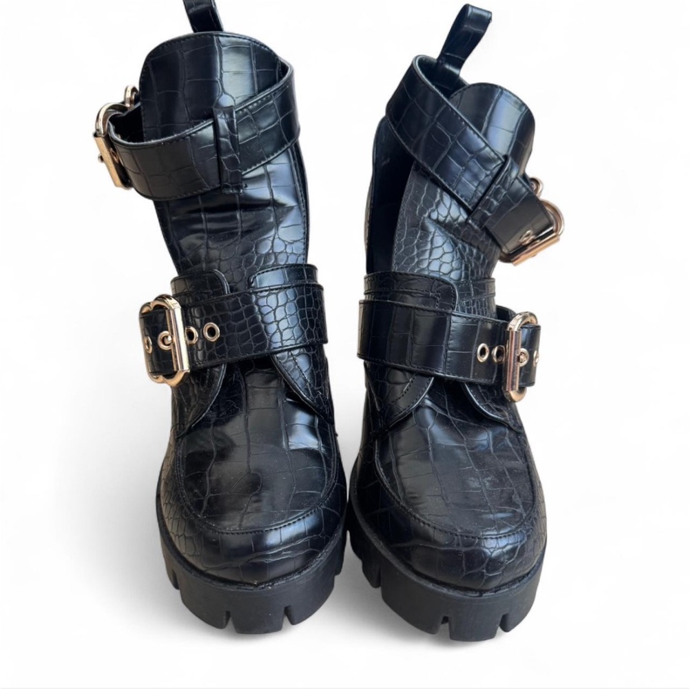 Black Croc-Embossed Platform Buckle Ankle Booties - Picture 3 of 5